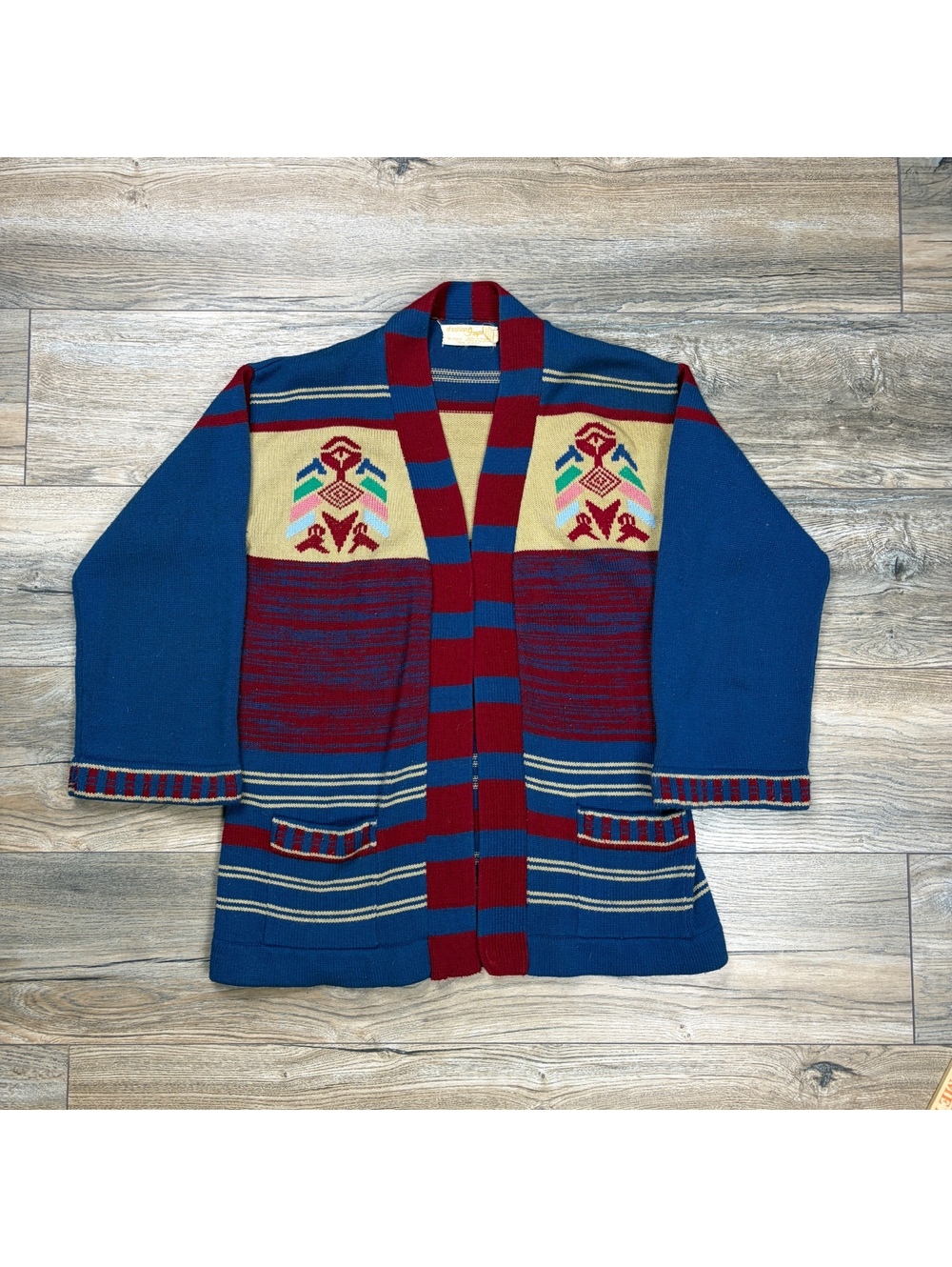 70's Fashion Import blue striped knit cardigan, good condition
